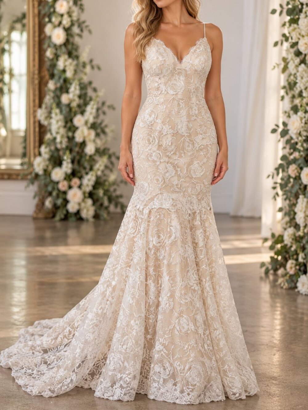 NWOT Size 10 Ivory Nude Floral Lace Mermaid Wedding Dress Low Back Train